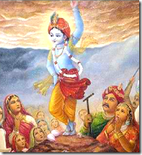 [Krishna lifting Govardhana]